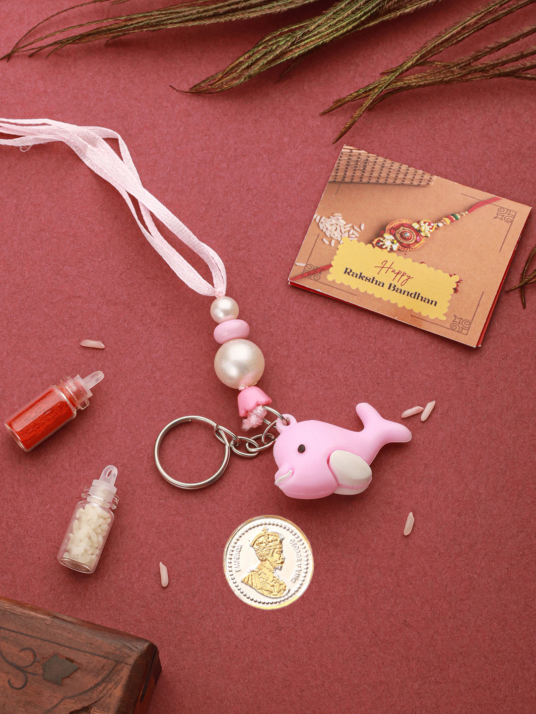 Pink Fish Key Chain Toy Rakhi For Girls with 999 Pure Silver King George 1 gram Silver Coin